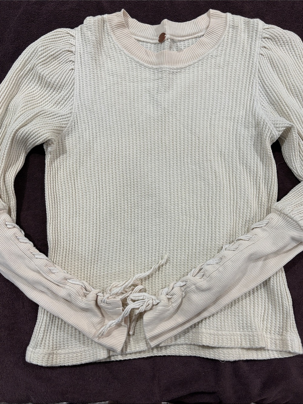 Free People One  Women's Cream Knit Long-Sleeve Top with Lace-Up Cuffs